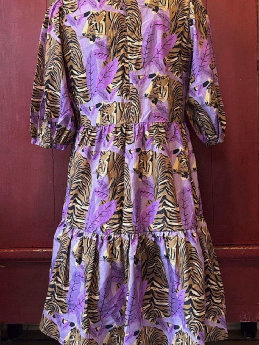 FARM Rio Tiger Leaves Lavender Puff Sleeve Mini Dress, Size Medium - Picture 6 of 9